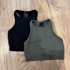 Two Lululemon Athletica Black and Green Sleeveless Crop Tank Tops